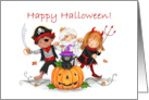 Happy Halloween Disguised Children and Black Cat card