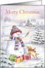 Merry Christmas Snowman and Dog in Snowy Village card