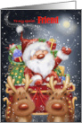 Merry Christmas Friend Santa Riding on Sleigh with Presents card