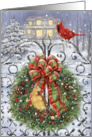 Christmas Cardinal Birds on Gate with Wreath from our Home to Yours card