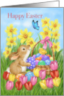 Happy Easter Rabbit with Eggs and Spring Flowers card