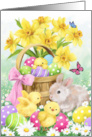 Happy Easter Rabbit and Chicks in Spring Flowers card