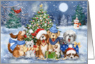 Merry Christmas Happy Dogs in front of Decorated Tree card