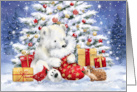 Happy Holidays Polar Bear and Sock in front of Decorated Tree card