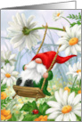 Cute Gnome on Swing in Flower field Daisies and Ladybug card