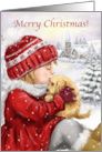 Merry Christmas Girl kissing Puppy in Snow card
