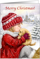 Friend merry Christmas Girl kissing Puppy in Snow card