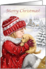 Friend merry Christmas Girl kissing Puppy in Snow card