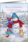 Christmas Little girl Kissing Snowman Friend card