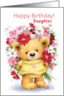 Cute Bear with a Bunch of Flowers Happy Birthday Daughter card