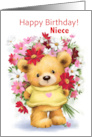Cute Bear with a Bunch of Flowers Happy Birthday Niece card