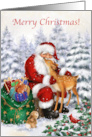Santa Hugging Deer in Wood Merry Christmas card