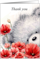 Bear holding red flowers Thank you card