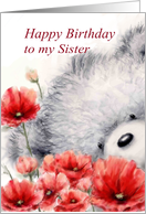Birthday Bear Holding Red Flowers for a Sister card
