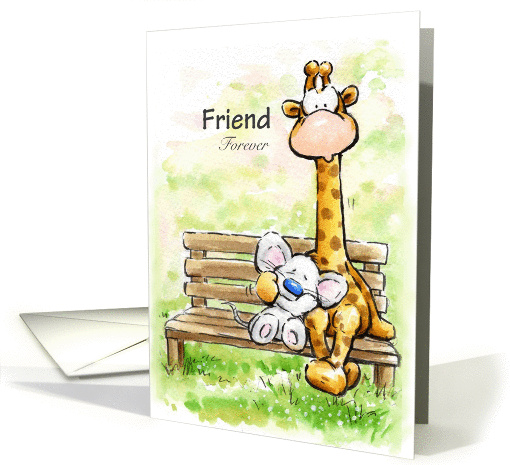 Cute mouse and giraffe sitting on bench cuddling with friend card