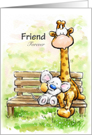 Cute mouse and giraffe sitting on bench cuddling with friend card