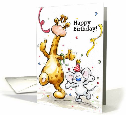 Mouse and giraffe celebrating birthday card (1433548)