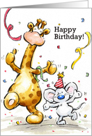 Mouse and giraffe celebrating birthday card