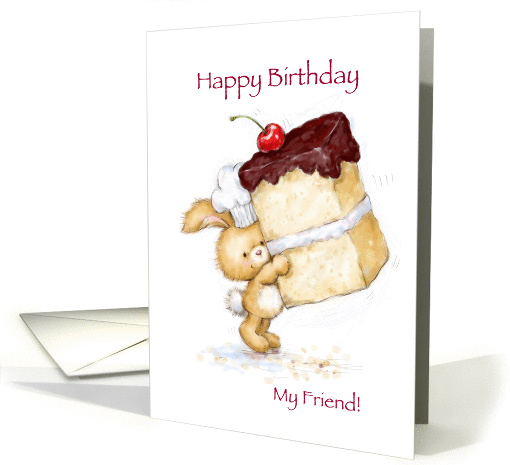 Cute rabbit offering a piece of cake for friend's Birthday card