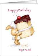 Cute rabbit offering a piece of cake for friend’s Birthday card