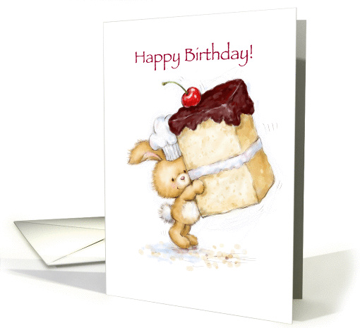 Cute rabbit offering a piece of cake for Birthday. card (1435346)