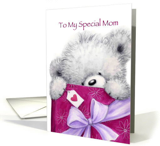 Cute bear holding a big present for mother's birthday. card (1436692)