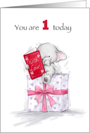 Cute baby elephant sitting on his one year birthday present. card