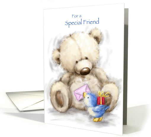 Cute bird giving a present and letter to a special friend. card