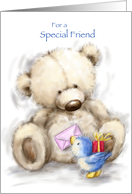 Cute bird giving a present and letter to a special friend. card