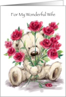 Cute bear holding a bunch of roses for his wife for her birthday. card