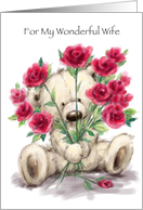 Cute bear holding a bunch of roses for his wife. card