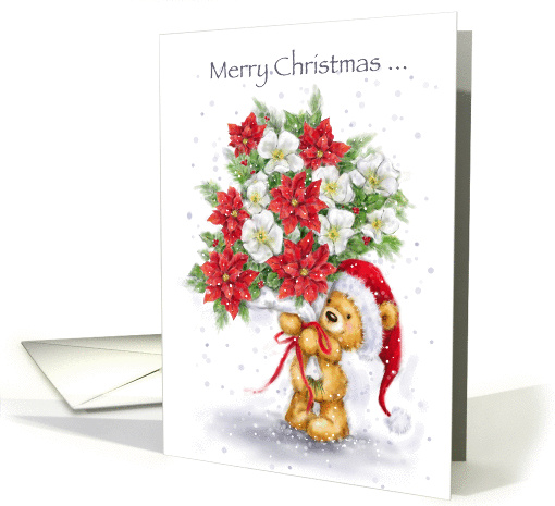 Cute bear holding a bunch of Christmas flowers for... (1437806)