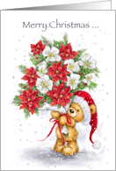 Cute bear holding a bunch of Christmas flowers for dearest friend. card