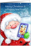 Santa on cellular phone saying Christmas greeting with reindeer. card