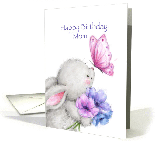 Birthday card for mom with cute rabbit holding flowers. card (1438240)