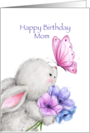 Birthday card for mom with cute rabbit holding flowers. card