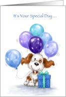 Cute dog with balloons and present to cerebrate birthday. card