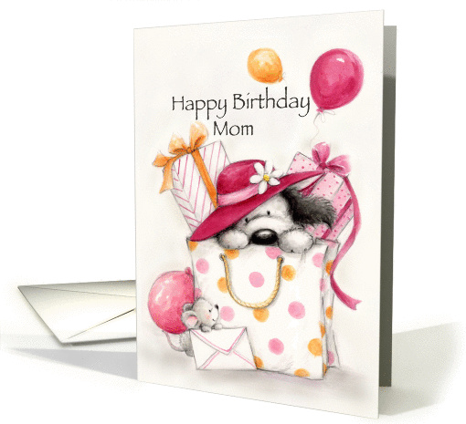Cute dog popping up from shopping bag for Mother's birthday. card