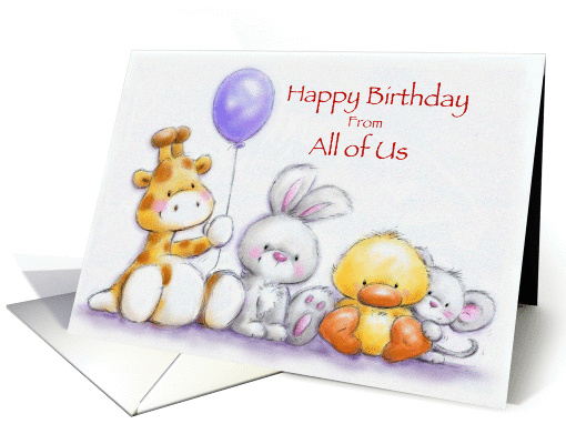 Four cute animals with balloon, happy birthday from all of us! card