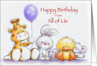 Four cute animals with balloon, happy birthday from all of us! card