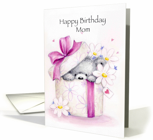 From round package, cute bear popping out for mom's birthday. card