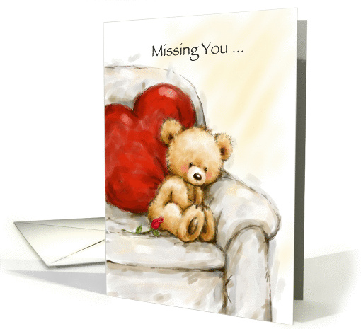 Cute bear on sofa with heart cushion,thinking someone he loves. card