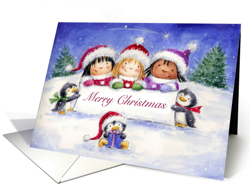 International girls and penguins greeting Merry Christmas. card
