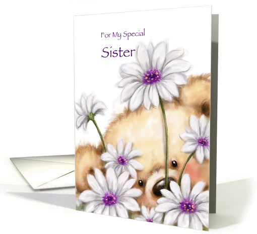 Cute furry bear holding beautiful flowers for sister's birthday. card