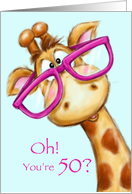 Cute funny giraffe wearing huge glasses,50 years old birthday. card