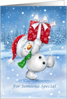 Cute snowman marching with big present, Christmas greeting card. card