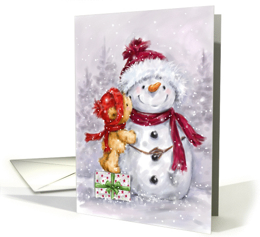 Cute bear standing on gift kissing snowman, Christmas... (1443404)