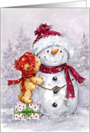 Cute bear standing on gift kissing snowman, Christmas greeting card. card
