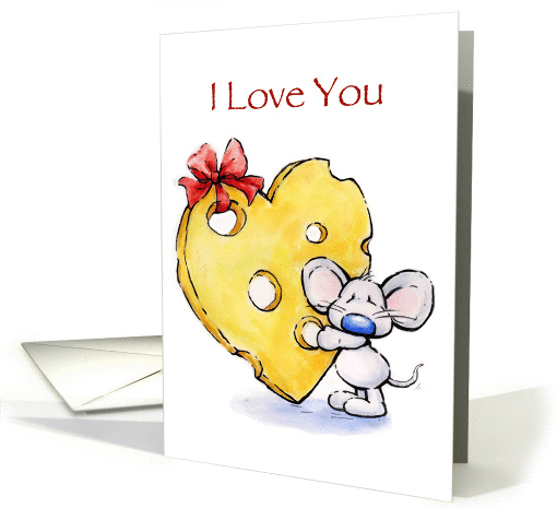 Cute blue nose mouse holding huge cheese to say I LOVE YOU card. card