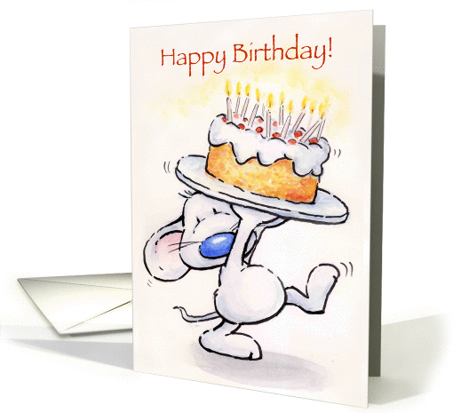 Cute blue nose mouse carrying huge birthday cake, birthday card. card